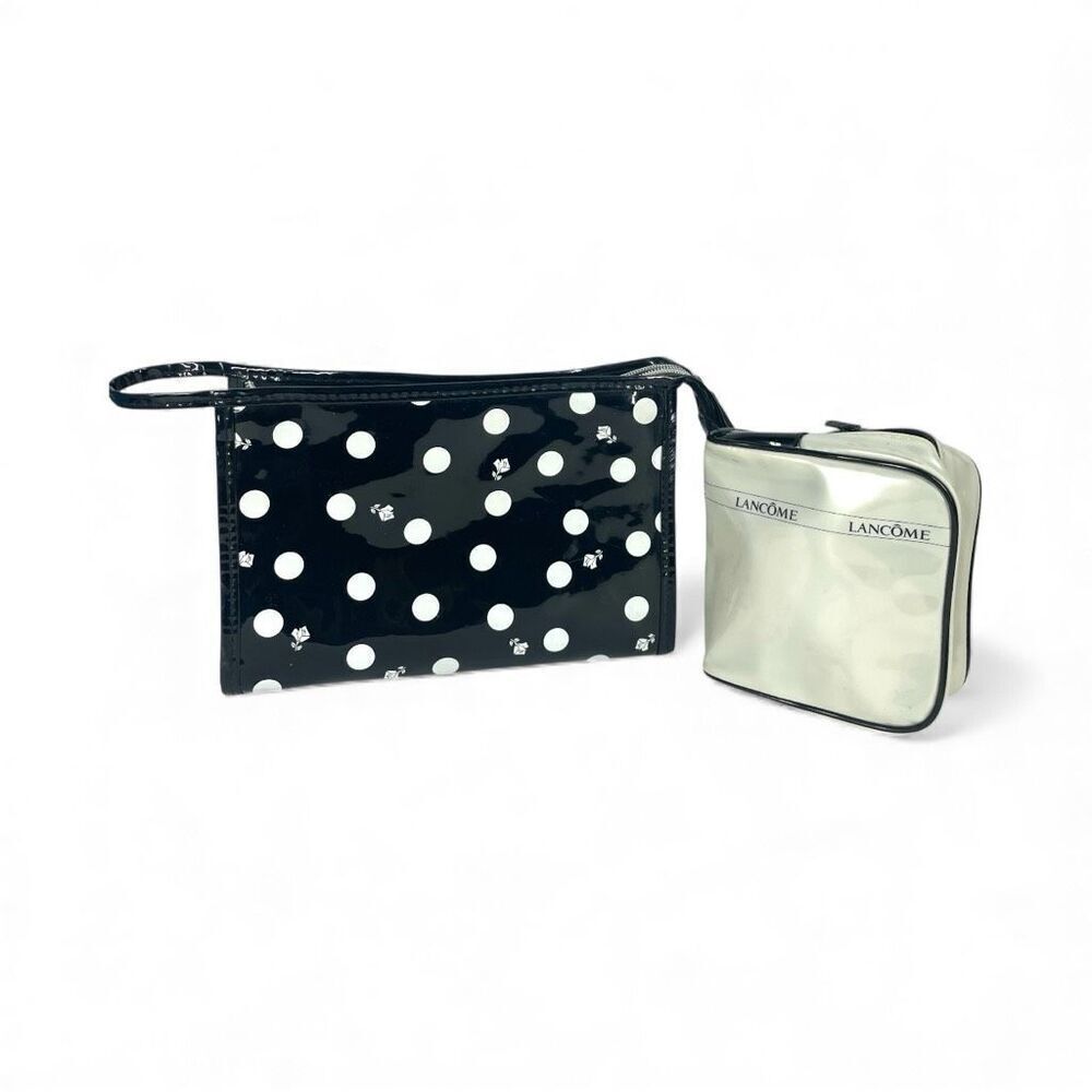 Lancôme Polka Dot & Pearl White Vinyl Cosmetic Bag Set Makeup Travel Duo